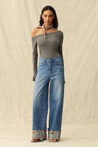 Bayeas High Rise Wide Leg Embroidered Cuff Jeans in Medium Blue-Jeans-Bayeas-Deja Nu Boutique, Women's Fashion Boutique in Lampasas, Texas