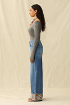 Bayeas High Rise Wide Leg Embroidered Cuff Jeans in Medium Blue-Jeans-Bayeas-Deja Nu Boutique, Women's Fashion Boutique in Lampasas, Texas