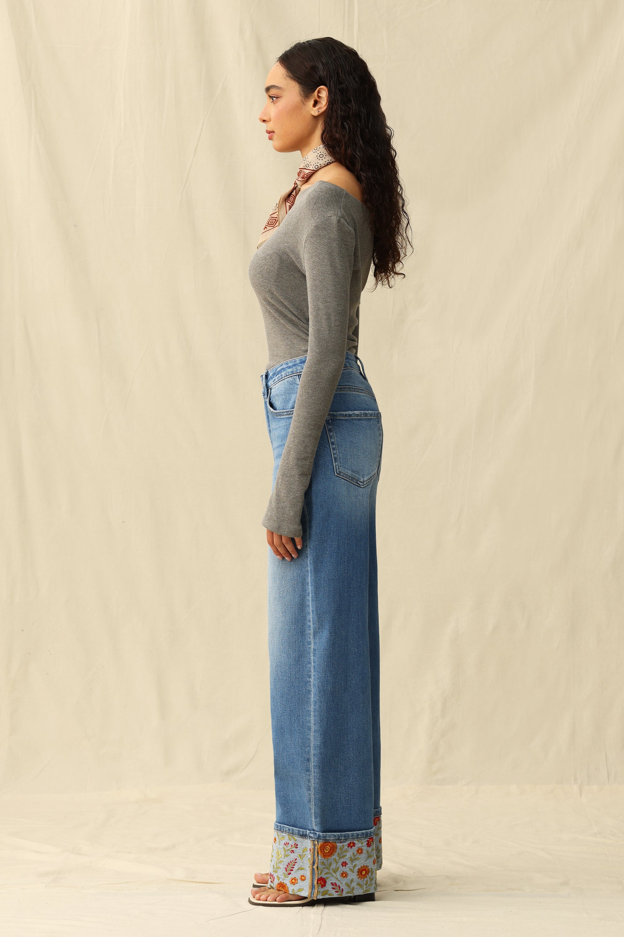 Bayeas High Rise Wide Leg Embroidered Cuff Jeans in Medium Blue-Jeans-Bayeas-Deja Nu Boutique, Women's Fashion Boutique in Lampasas, Texas
