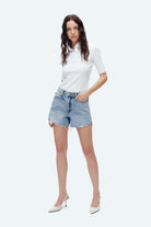 Bayeas Kelly High Rise Raw Hem Denim Shorts – Baby Blue-Shorts-Bayeas-Deja Nu Boutique, Women's Fashion Boutique in Lampasas, Texas