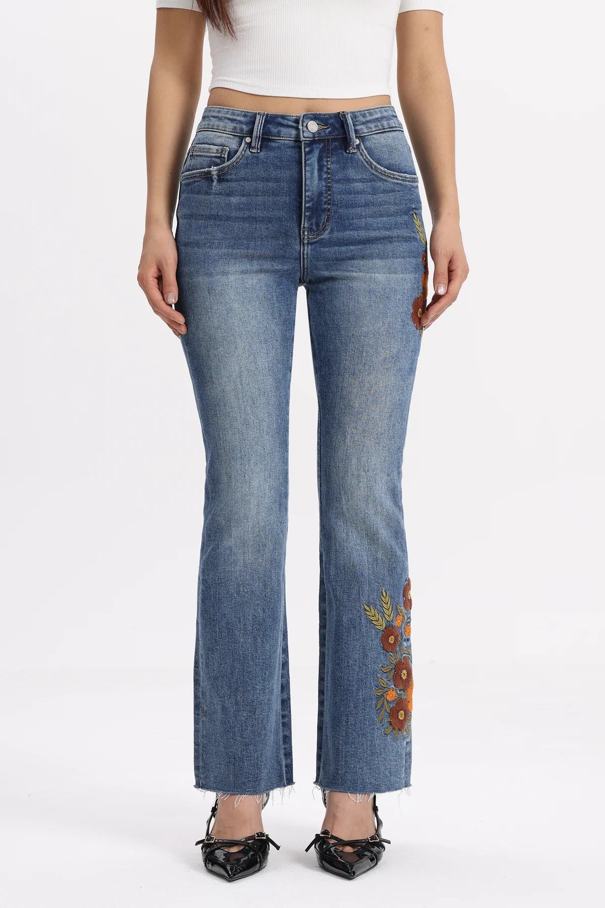 Bayeas Mid Rise Floral Embroidered Raw Hem Bootcut Jeans-Jeans-Bayeas-Deja Nu Boutique, Women's Fashion Boutique in Lampasas, Texas