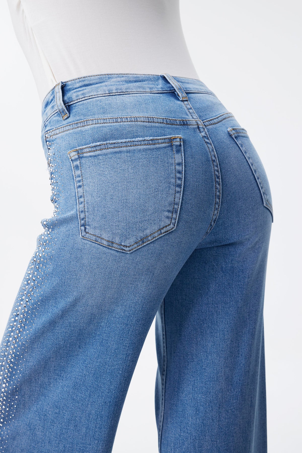 Bayeas New York Mid Rise Rhinestone Wide Leg Jeans in Cosmos-Jeans-Bayeas-Deja Nu Boutique, Women's Fashion Boutique in Lampasas, Texas