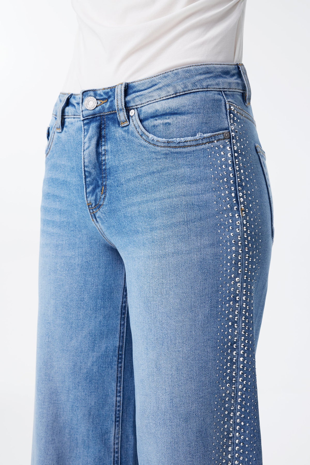 Bayeas New York Mid Rise Rhinestone Wide Leg Jeans in Cosmos-Jeans-Bayeas-Deja Nu Boutique, Women's Fashion Boutique in Lampasas, Texas