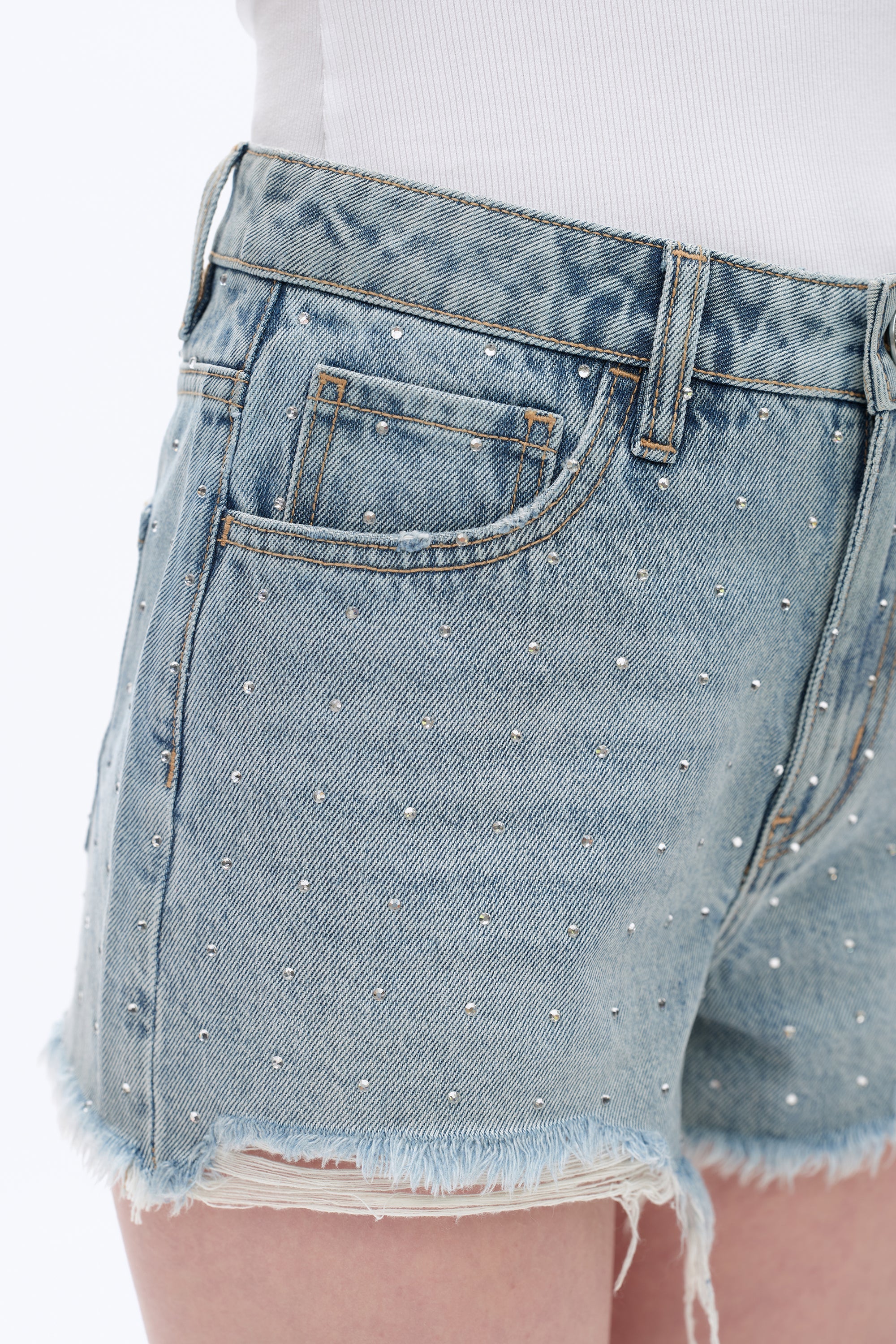 Bayeas Rhinestone Embellished High Rise Denim Shorts – Light Blue-Shorts-Bayeas-Deja Nu Boutique, Women's Fashion Boutique in Lampasas, Texas