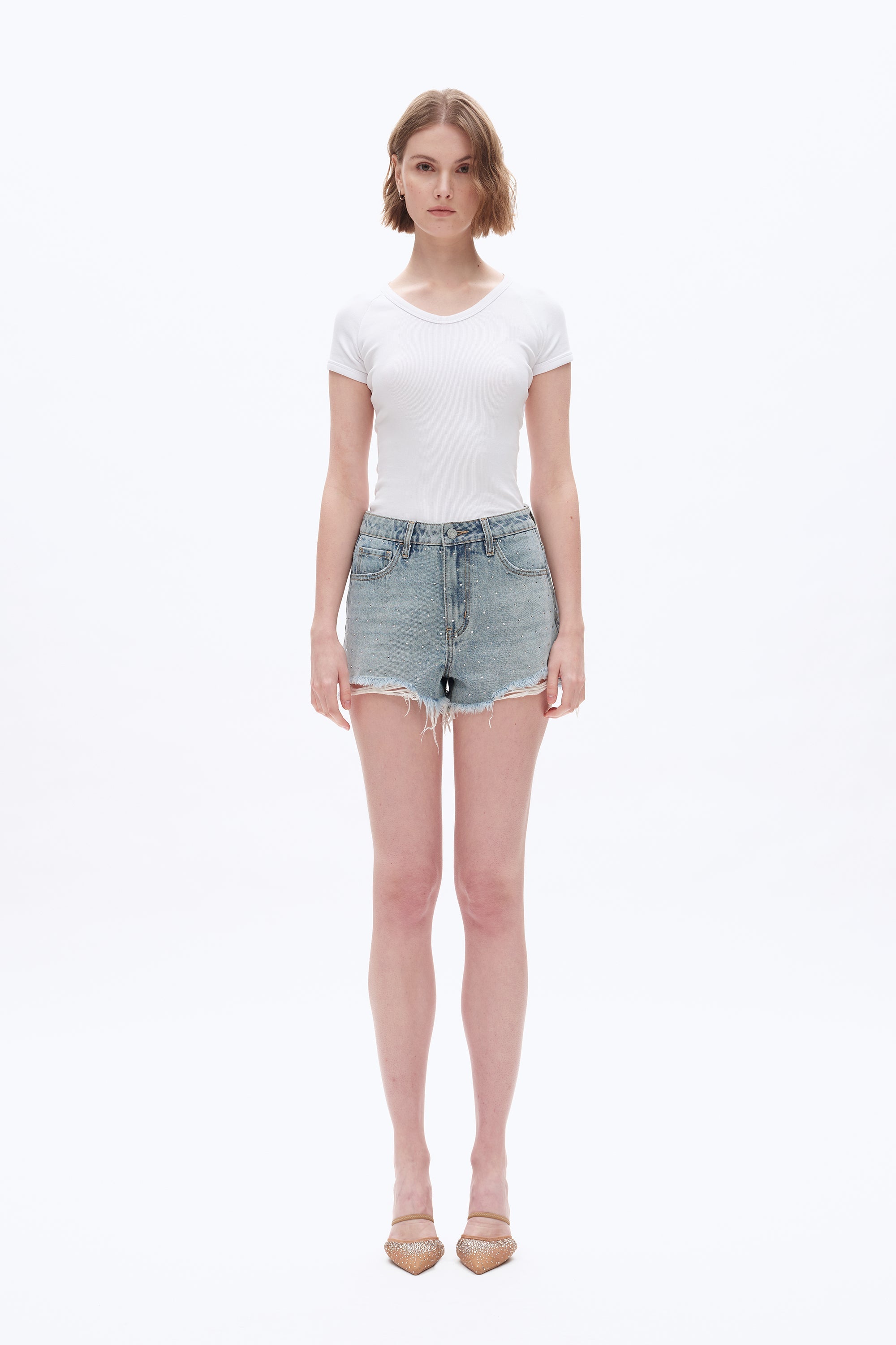 Bayeas Rhinestone Embellished High Rise Denim Shorts – Light Blue-Shorts-Bayeas-Deja Nu Boutique, Women's Fashion Boutique in Lampasas, Texas