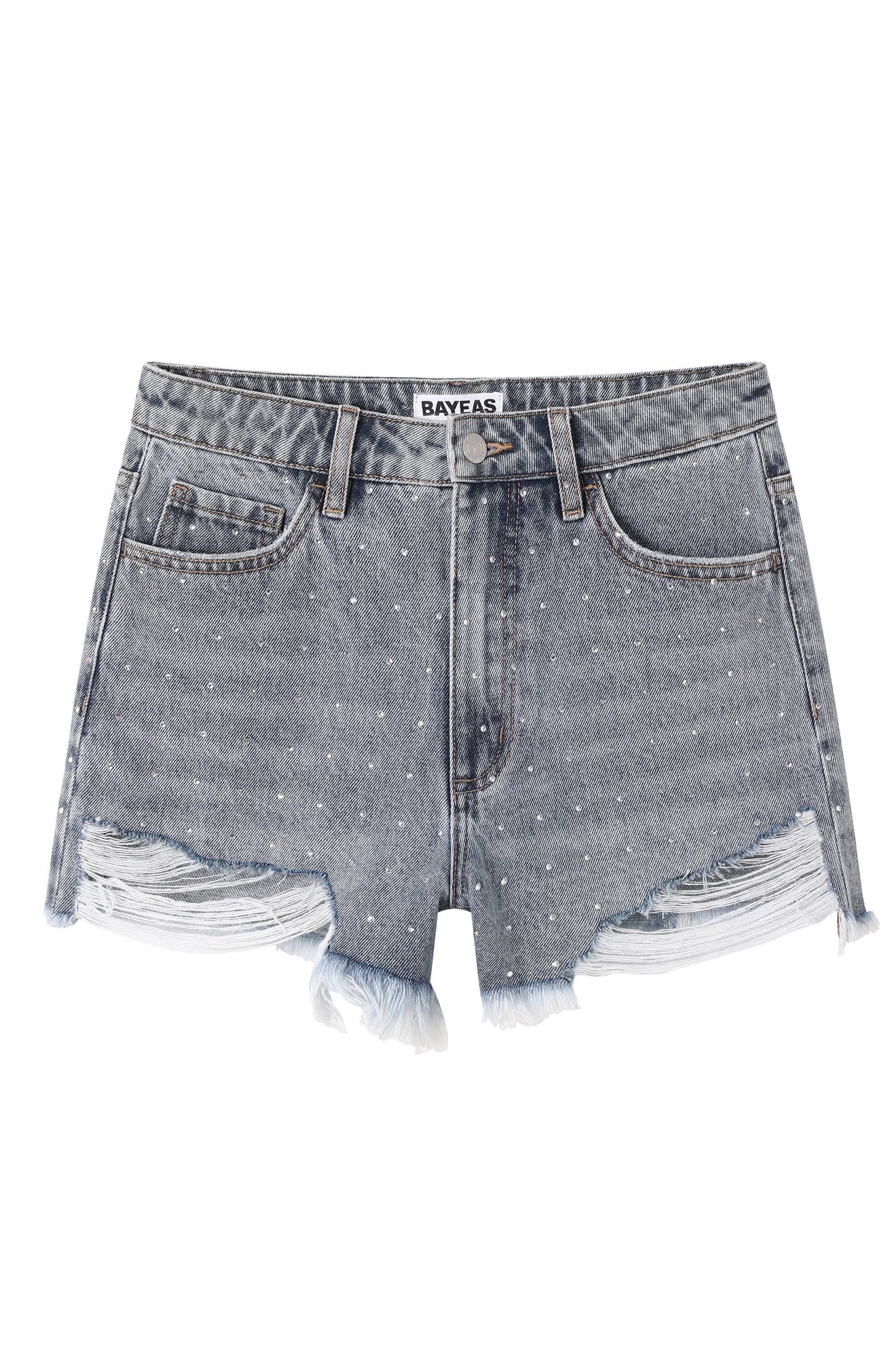 Bayeas Rhinestone Embellished High Rise Denim Shorts – Light Blue-Shorts-Bayeas-Deja Nu Boutique, Women's Fashion Boutique in Lampasas, Texas