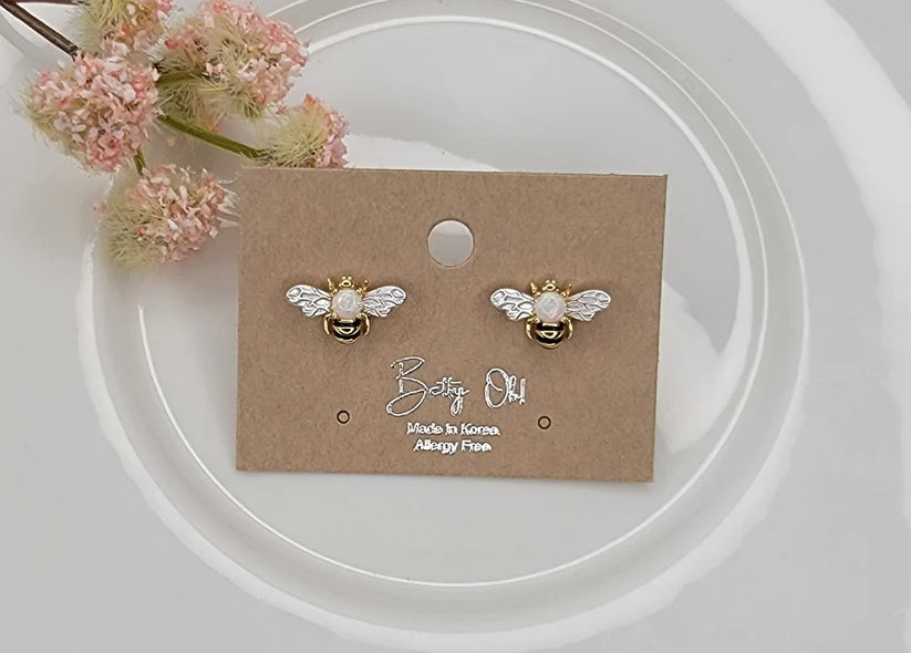 Betty Oh! Bee Post White Opal Earrings-Earrings-Betty Oh!-Deja Nu Boutique, Women's Fashion Boutique in Lampasas, Texas