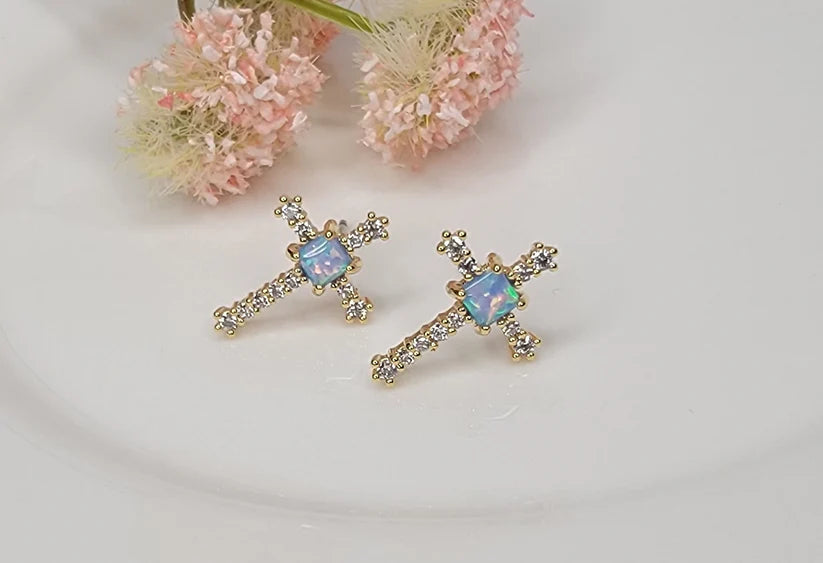 Betty Oh! Lab Grown Blue Opal Cross Post Earrings-Earrings-Betty Oh!-Deja Nu Boutique, Women's Fashion Boutique in Lampasas, Texas