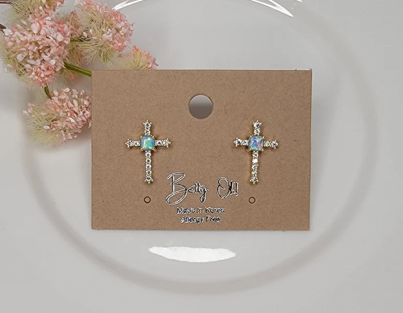 Betty Oh! Lab Grown Blue Opal Cross Post Earrings-Earrings-Betty Oh!-Deja Nu Boutique, Women's Fashion Boutique in Lampasas, Texas