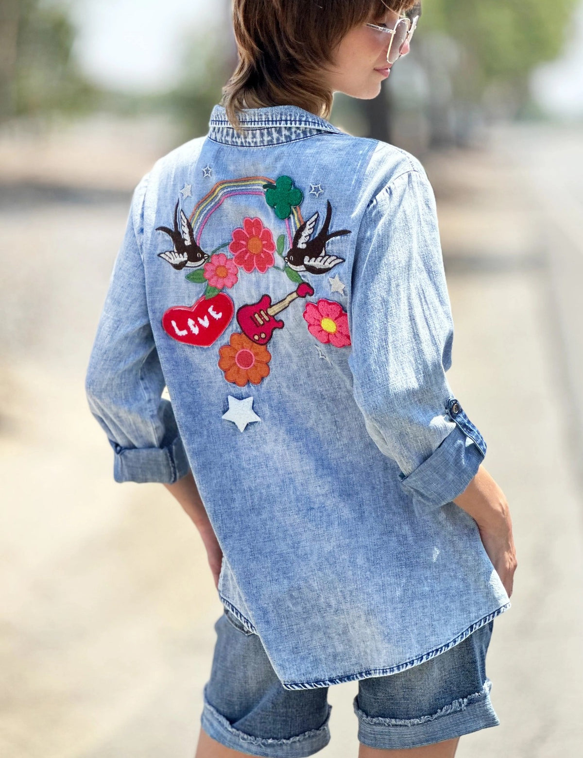 Billy T Birds of a Feather Embroidered Denim Shirt-shirts-Billy T-Deja Nu Boutique, Women's Fashion Boutique in Lampasas, Texas
