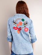 Billy T Birds of a Feather Embroidered Denim Shirt-shirts-Billy T-Deja Nu Boutique, Women's Fashion Boutique in Lampasas, Texas