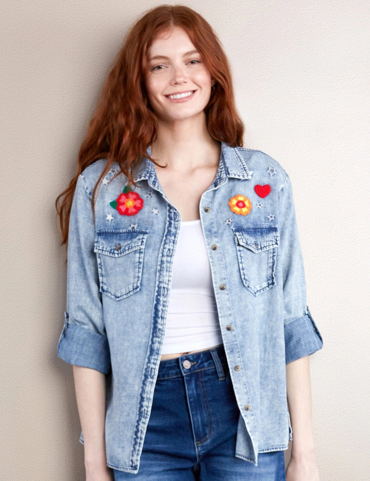 Billy T Birds of a Feather Embroidered Denim Shirt-shirts-Billy T-Deja Nu Boutique, Women's Fashion Boutique in Lampasas, Texas