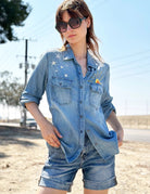 Billy T Hello Sunshine Embroidered Denim Shirt/Shacket in Washed Blue-shirts-Billy T-Deja Nu Boutique, Women's Fashion Boutique in Lampasas, Texas