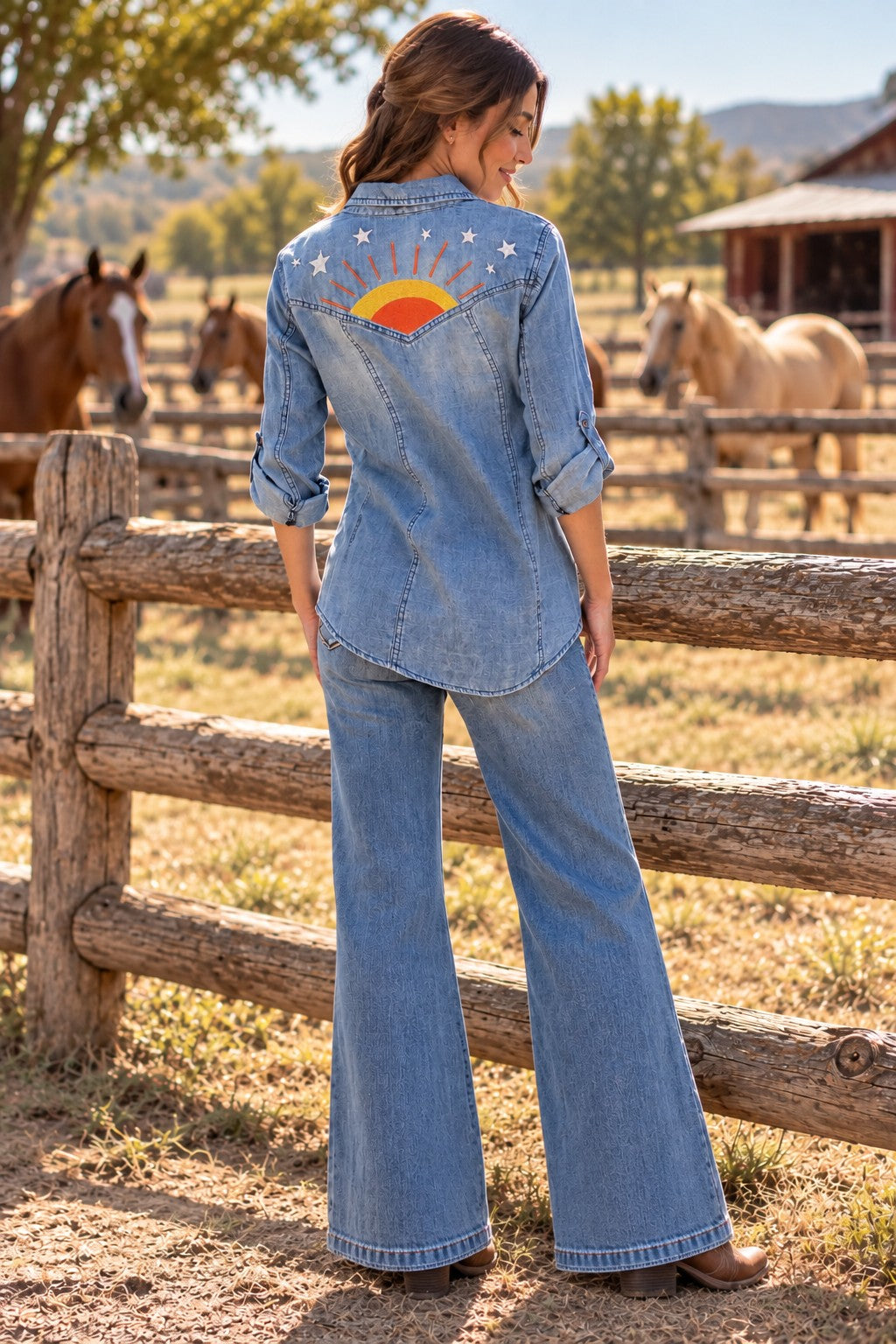Billy T Hello Sunshine Embroidered Denim Shirt/Shacket in Washed Blue-shirts-Billy T-Deja Nu Boutique, Women's Fashion Boutique in Lampasas, Texas