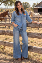 Billy T Hello Sunshine Embroidered Denim Shirt/Shacket in Washed Blue-shirts-Billy T-Deja Nu Boutique, Women's Fashion Boutique in Lampasas, Texas