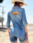 Billy T Hello Sunshine Embroidered Denim Shirt/Shacket in Washed Blue-shirts-Billy T-Deja Nu Boutique, Women's Fashion Boutique in Lampasas, Texas