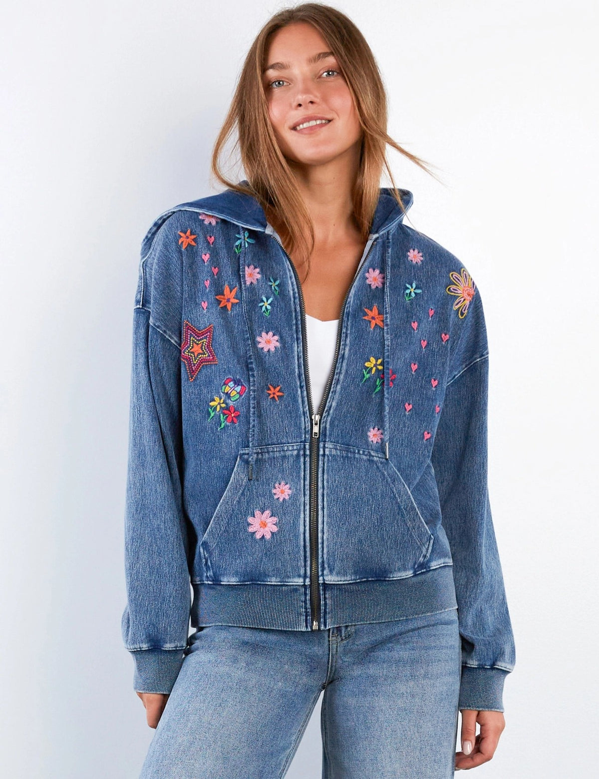 Billy T Sketchbook Embroidered Denim Hoodie in Forever Blue-hoodie-Billy T-Deja Nu Boutique, Women's Fashion Boutique in Lampasas, Texas