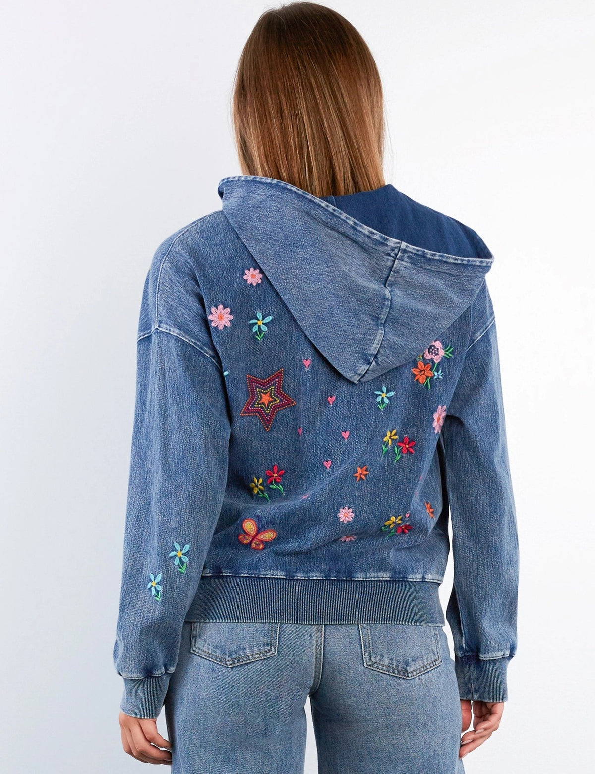 Billy T Sketchbook Embroidered Denim Hoodie in Forever Blue-hoodie-Billy T-Deja Nu Boutique, Women's Fashion Boutique in Lampasas, Texas