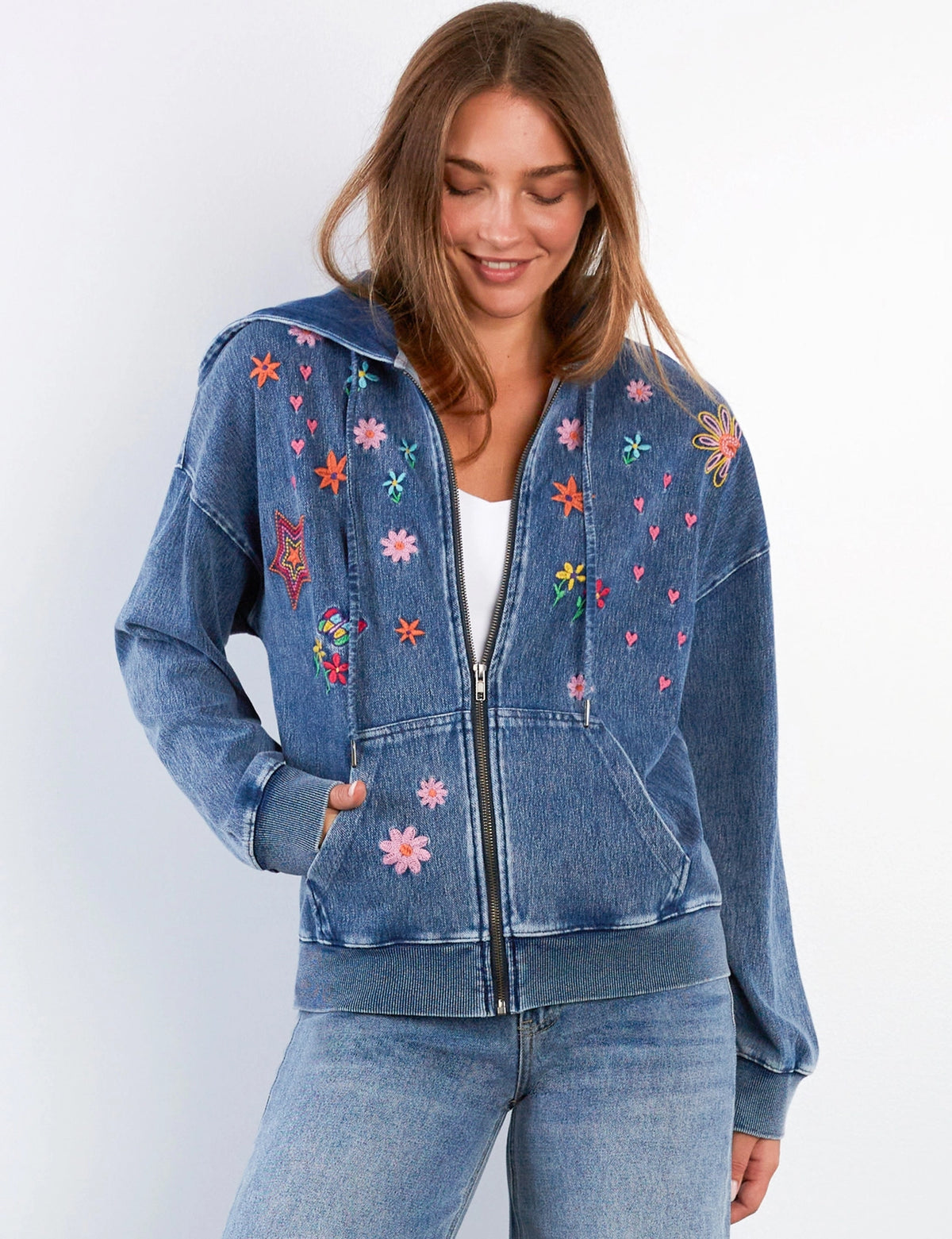 Billy T Sketchbook Embroidered Denim Hoodie in Forever Blue-hoodie-Billy T-Deja Nu Boutique, Women's Fashion Boutique in Lampasas, Texas