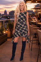 Bishop + Young Blue Plaid Asymmetrical Hem Midi Dress-Midi Dresses-Bishop And Young-Deja Nu Boutique, Women's Fashion Boutique in Lampasas, Texas