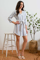 blu pepper Navy Stripe V-Neck Lace Mini Shirt Dress-Dresses-Blu Pepper-Deja Nu Boutique, Women's Fashion Boutique in Lampasas, Texas