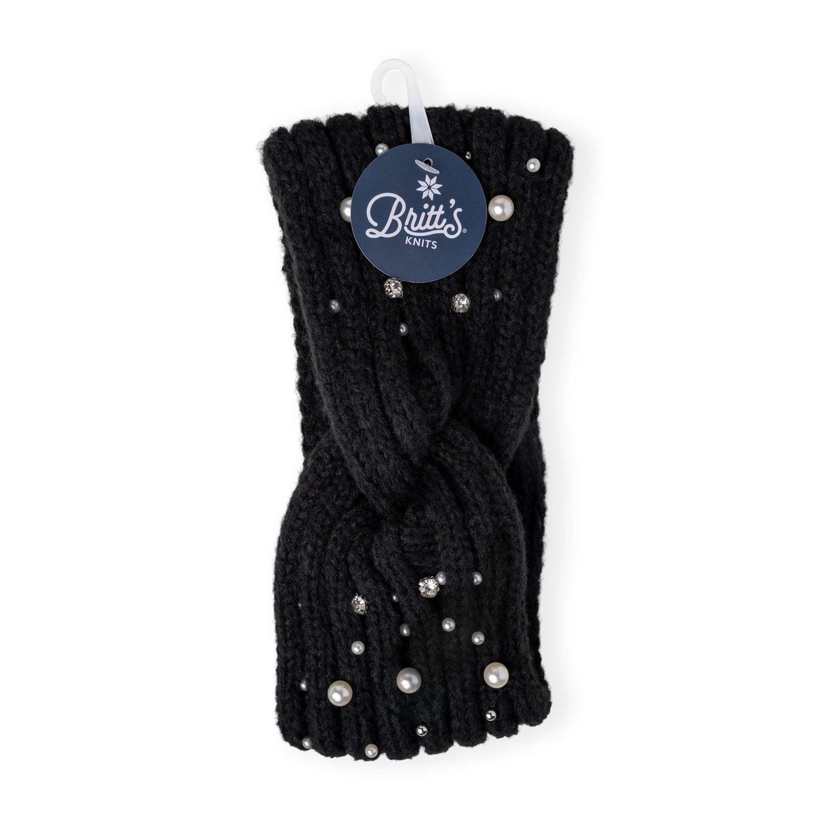 Packaged Britt's Knits Starlight black knit headwarmer with twist-front design and pearl and rhinestone accents.