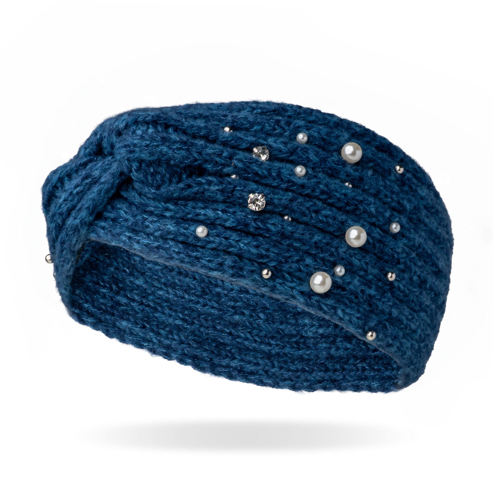 Britt's Knits Starlight twist-front knit headwarmer in blue with pearl and rhinestone details.