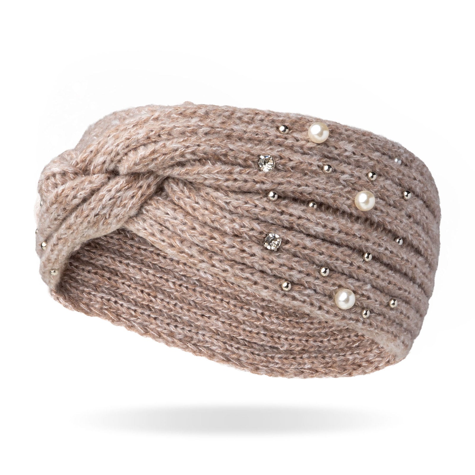 Britt's Knits Starlight twist-front knit headwarmer in oat featuring pearl and rhinestone embellishments.