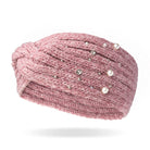 Britt's Knits Starlight twist-front knit headwarmer in pink with pearl and rhinestone accents.