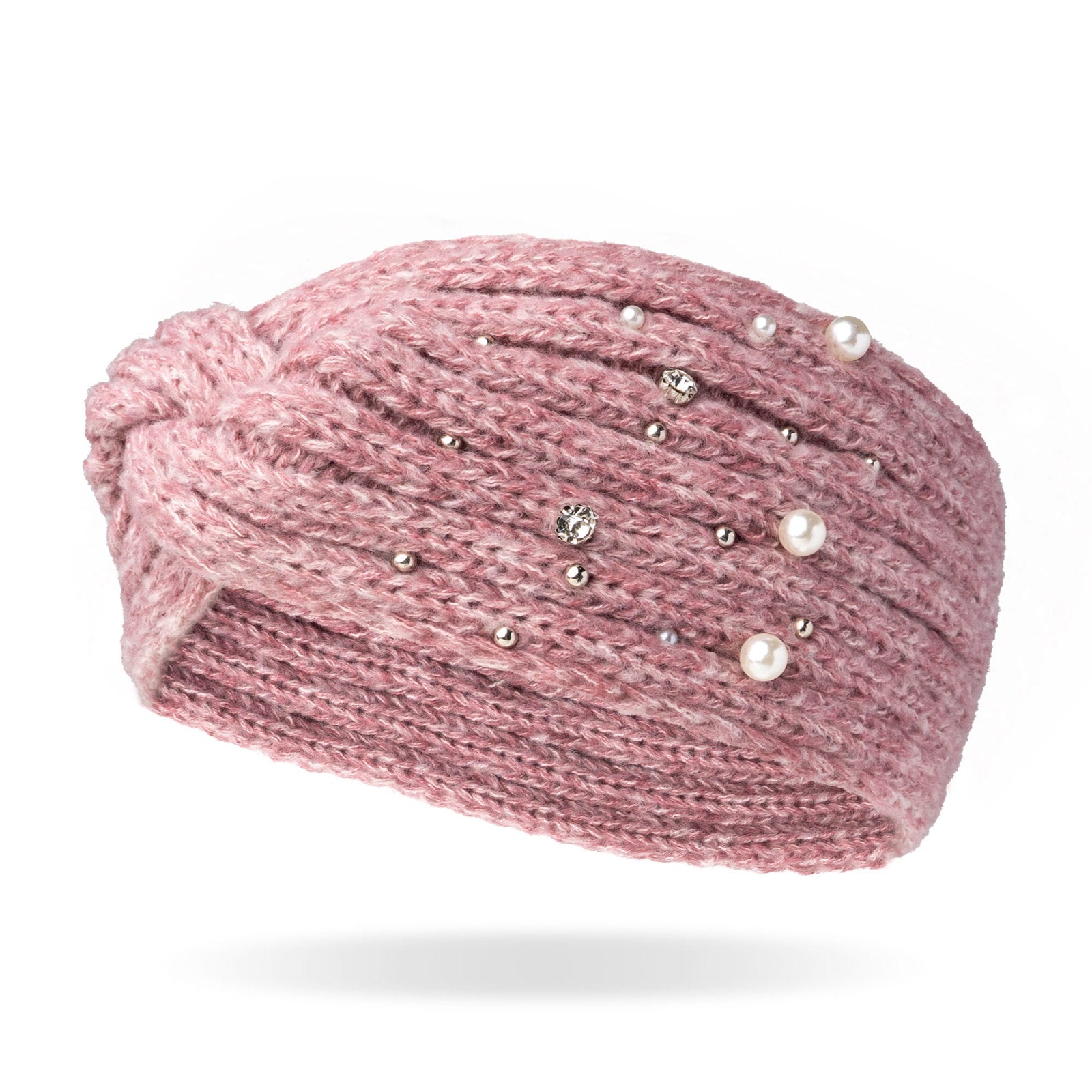Britt's Knits Starlight twist-front knit headwarmer in pink with pearl and rhinestone accents.