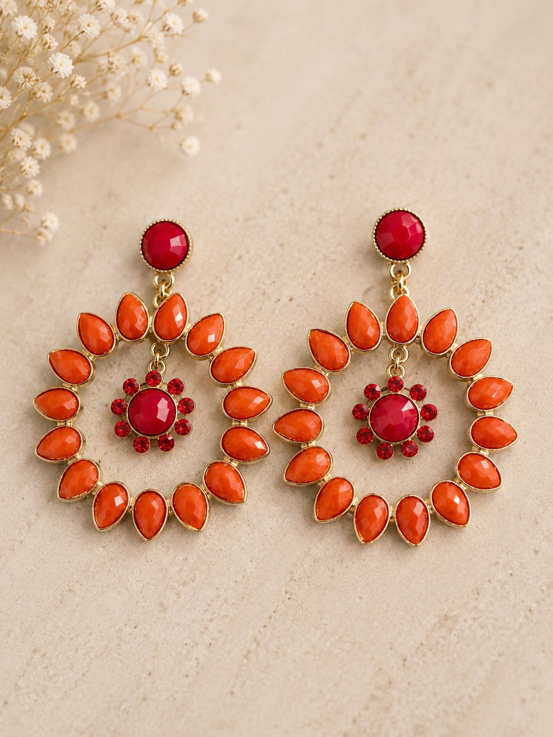 Coral & Red Jeweled Statement Drop Earrings-Earrings-Deja Nu-Deja Nu Boutique, Women's Fashion Boutique in Lampasas, Texas