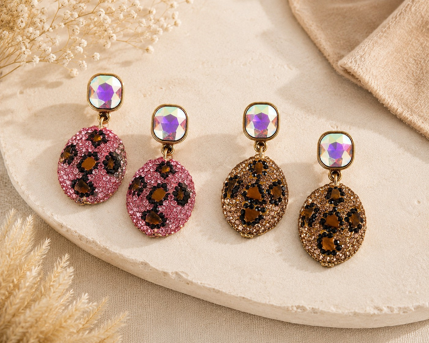 Crystal Leopard Statement Earrings Pink or Brown-Earrings-Deja Nu-Deja Nu Boutique, Women's Fashion Boutique in Lampasas, Texas