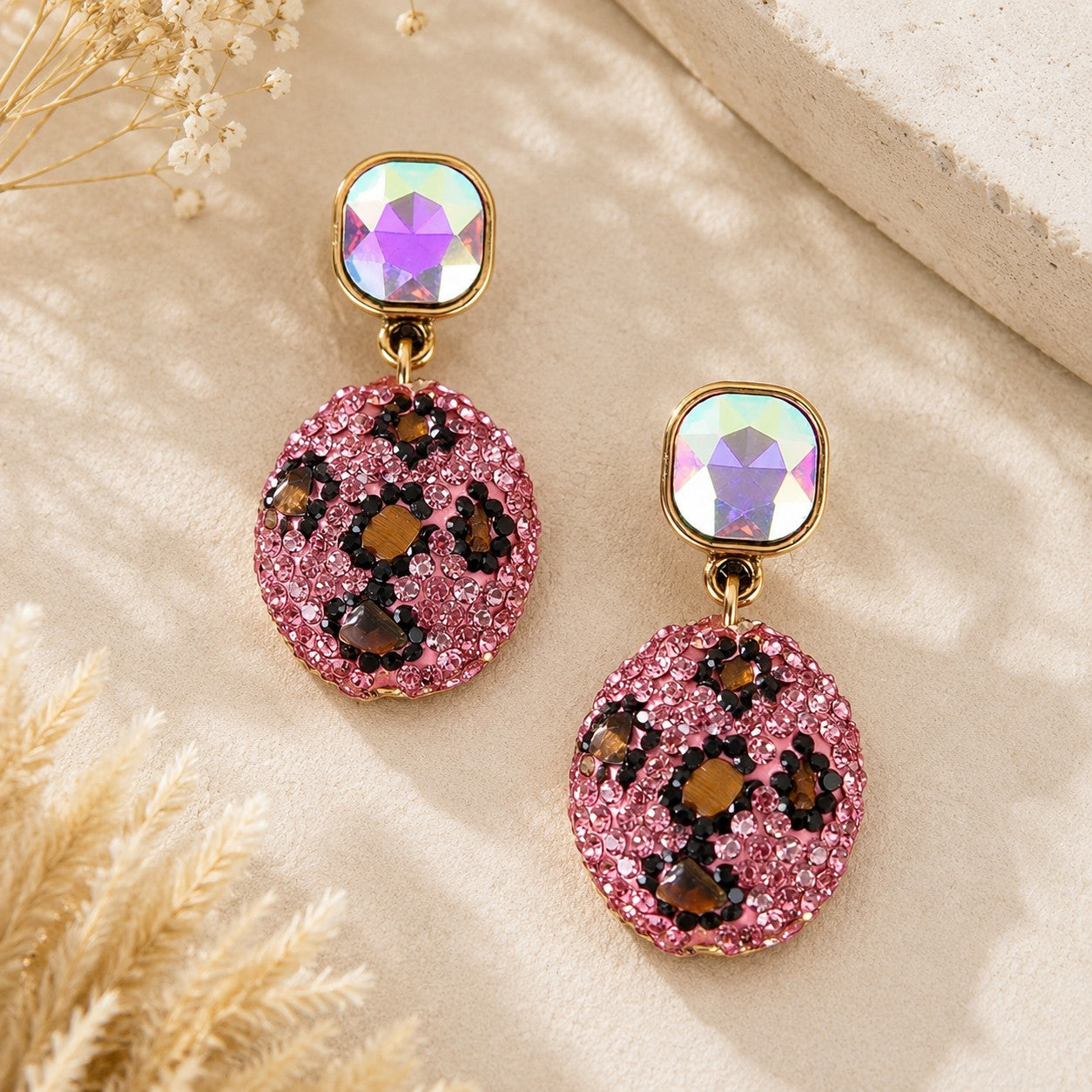 Crystal Leopard Statement Earrings Pink or Brown-Earrings-Deja Nu-Deja Nu Boutique, Women's Fashion Boutique in Lampasas, Texas