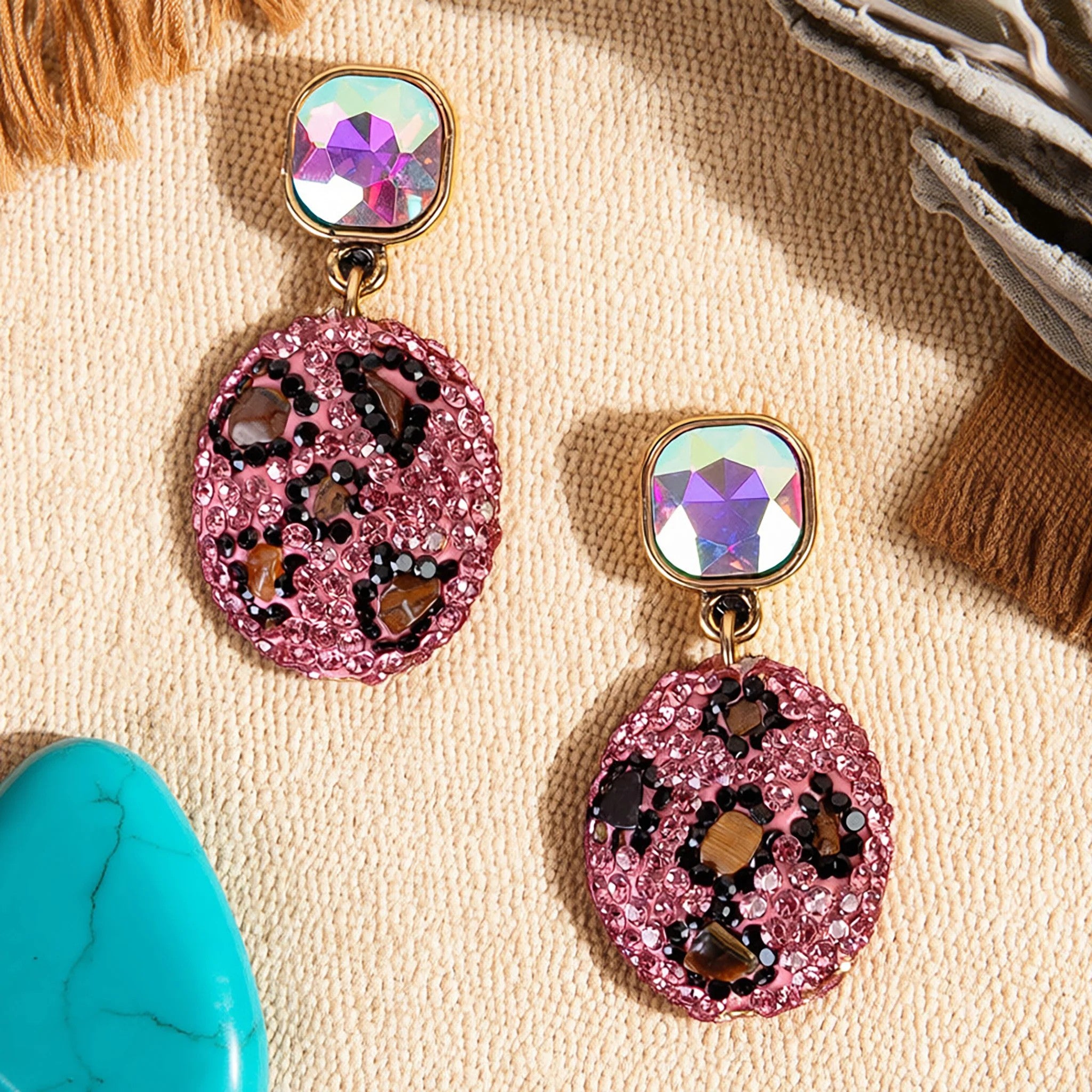 Crystal Leopard Statement Earrings Pink or Brown-Earrings-Deja Nu-Deja Nu Boutique, Women's Fashion Boutique in Lampasas, Texas
