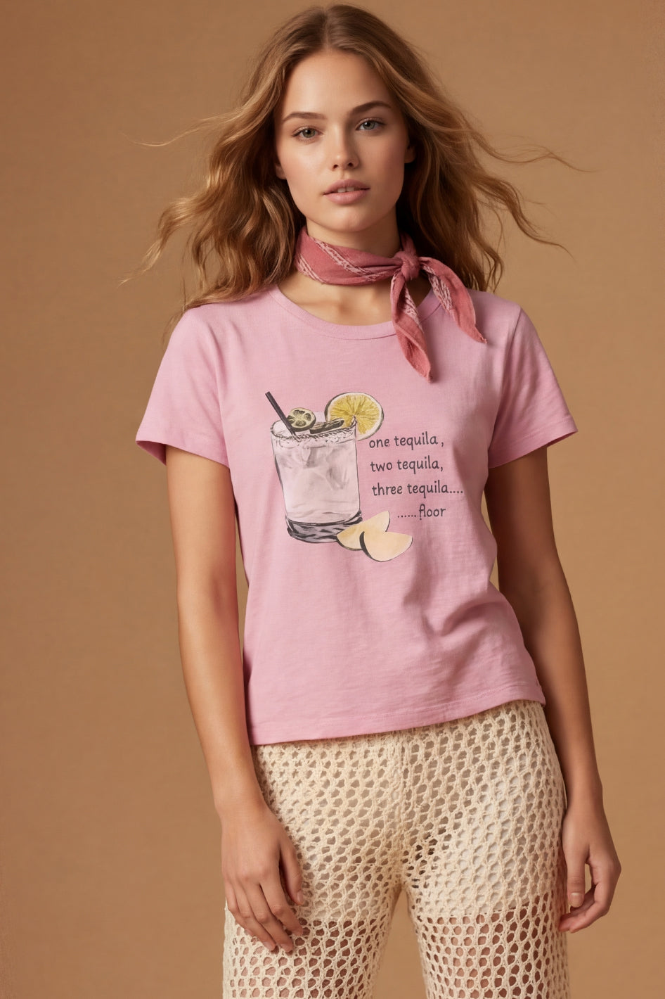 All Us “One Tequila Two…” Rhinestone Pink Slub Baby Tee-Graphic Tees-All Us-Deja Nu Boutique, Women's Fashion Boutique in Lampasas, Texas