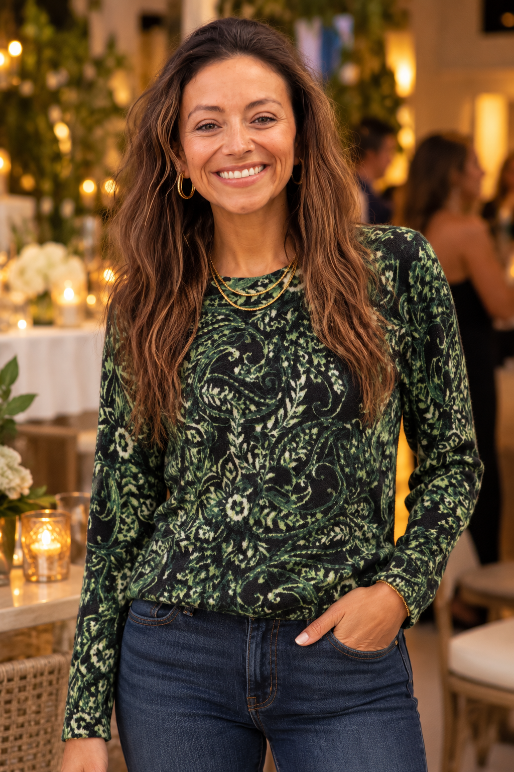 Liverpool Los Angeles Deep Green Paisley Raglan Sweater with Side Slit-Sweaters-Liverpool-Deja Nu Boutique, Women's Fashion Boutique in Lampasas, Texas