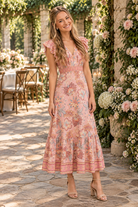 Donna Morgan V-Neck Flutter Sleeve Midi Dress in Blush Pink Mauve-Midi Dresses-Donna Morgan-Deja Nu Boutique, Women's Fashion Boutique in Lampasas, Texas