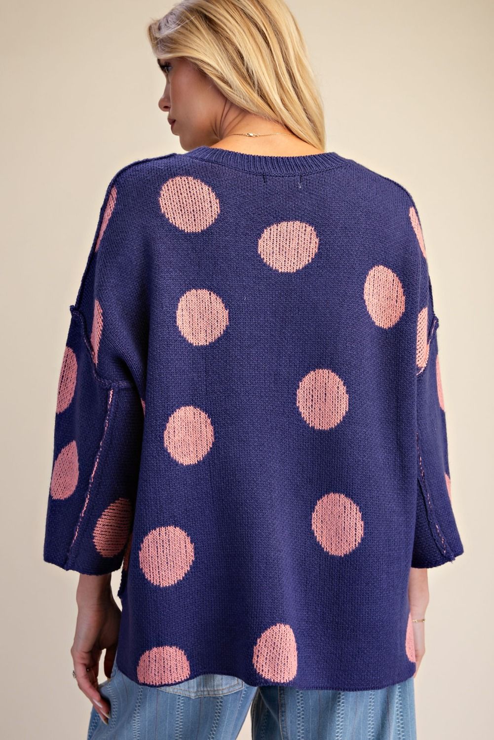 Easel Blue & Pink Polka Dot Oversized Knit Sweater-Sweaters-Easel-Deja Nu Boutique, Women's Fashion Boutique in Lampasas, Texas