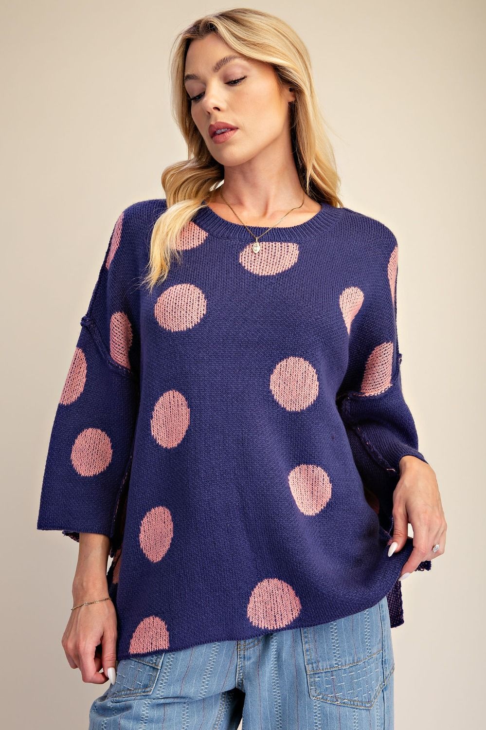 Easel Blue & Pink Polka Dot Oversized Knit Sweater-Sweaters-Easel-Deja Nu Boutique, Women's Fashion Boutique in Lampasas, Texas
