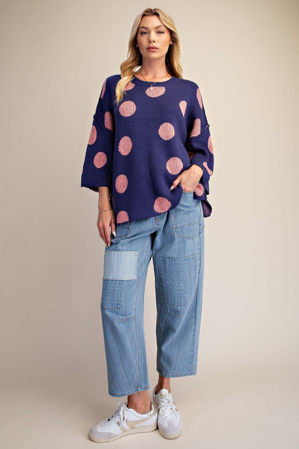 Easel Blue & Pink Polka Dot Oversized Knit Sweater-Sweaters-Easel-Deja Nu Boutique, Women's Fashion Boutique in Lampasas, Texas