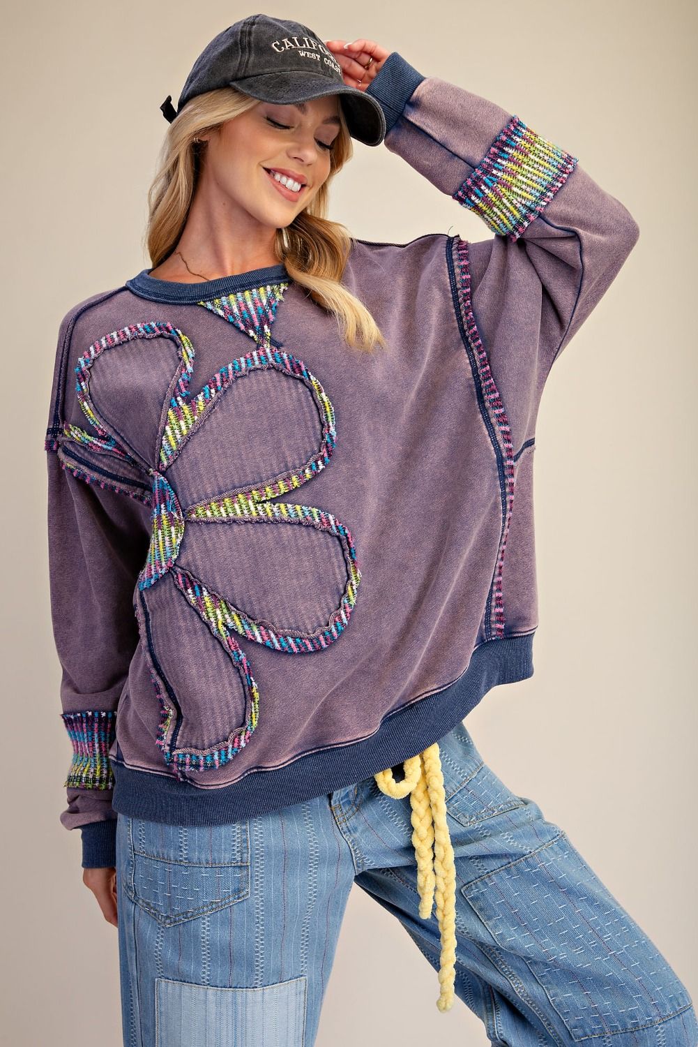 Easel Blueberry Flower Patch Mineral Washed Terry Pullover-sweatshirt-Easel-Deja Nu Boutique, Women's Fashion Boutique in Lampasas, Texas