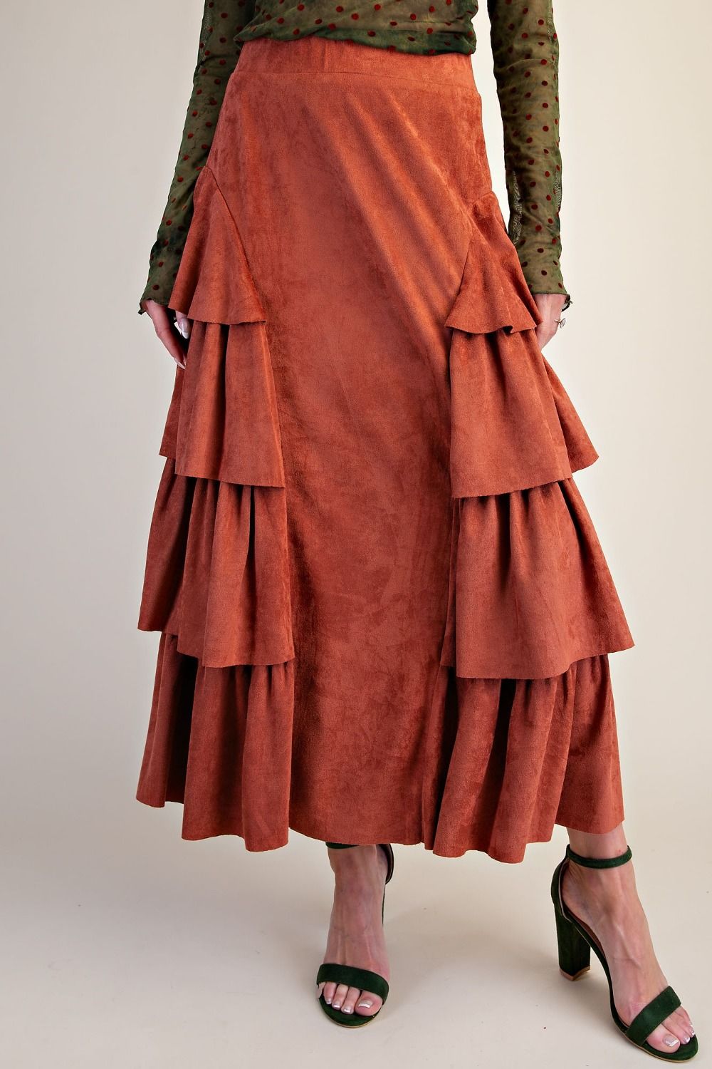 Easel Brick Tiered Side Faux Suede Maxi Skirt-Skirts-Easel-Deja Nu Boutique, Women's Fashion Boutique in Lampasas, Texas
