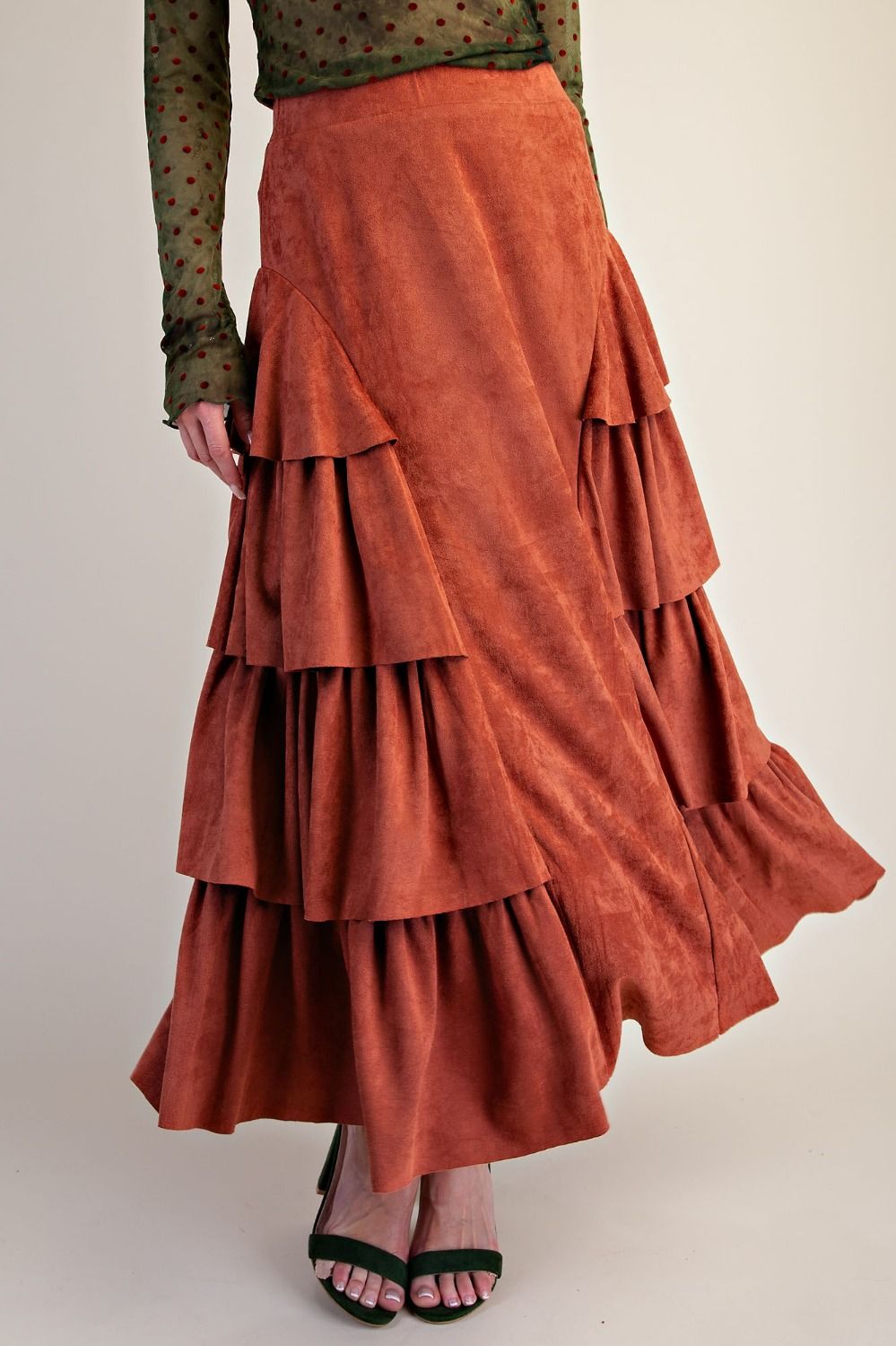 Easel Brick Tiered Side Faux Suede Maxi Skirt-Skirts-Easel-Deja Nu Boutique, Women's Fashion Boutique in Lampasas, Texas