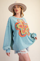 Easel Floral Patch Front Washed Terry Pullover in Dusty Blue-sweatshirt-Easel-Deja Nu Boutique, Women's Fashion Boutique in Lampasas, Texas