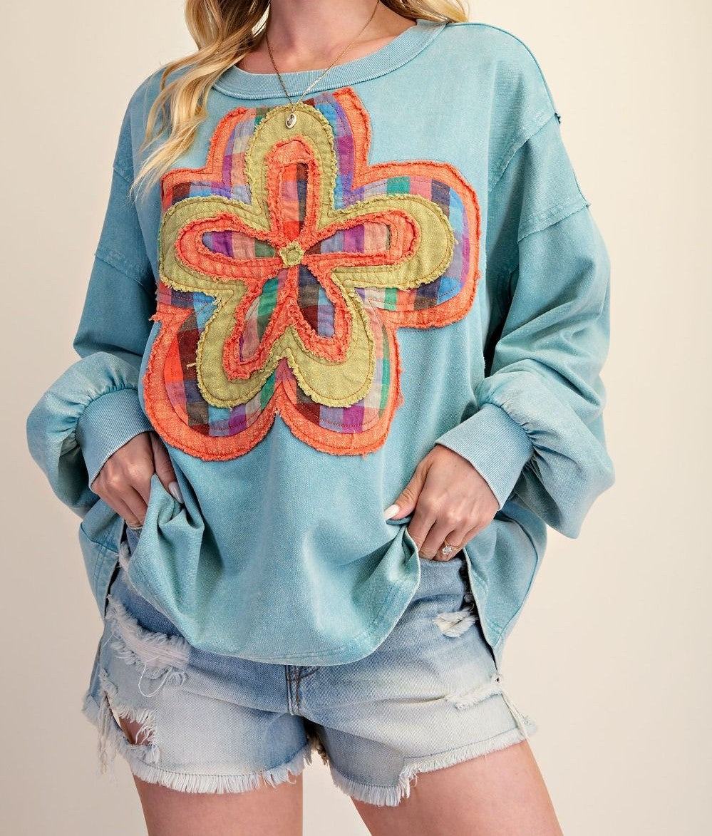 Easel Floral Patch Front Washed Terry Pullover in Dusty Blue-sweatshirt-Easel-Deja Nu Boutique, Women's Fashion Boutique in Lampasas, Texas