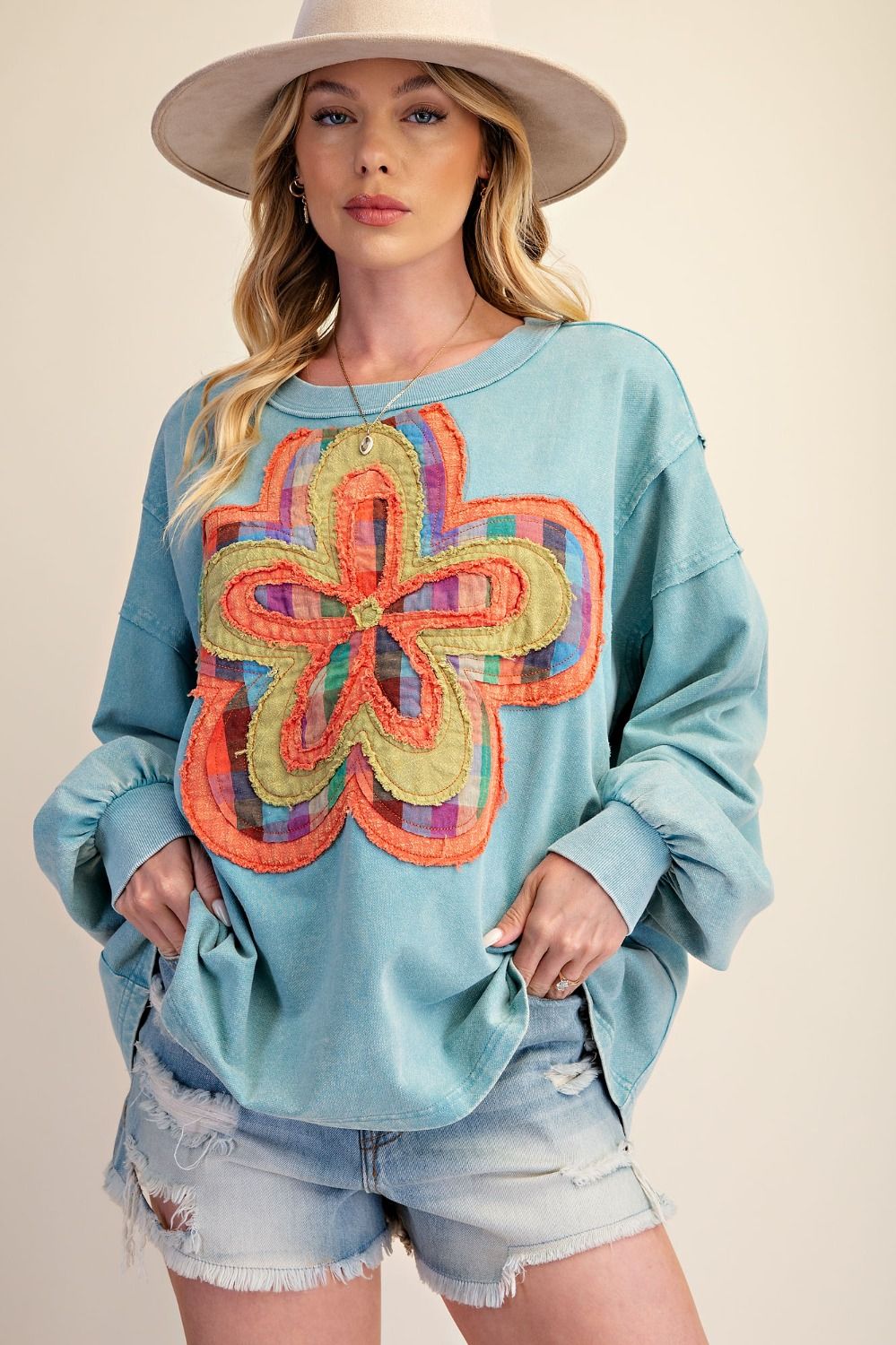 Easel Floral Patch Front Washed Terry Pullover in Dusty Blue-sweatshirt-Easel-Deja Nu Boutique, Women's Fashion Boutique in Lampasas, Texas
