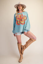 Easel Floral Patch Front Washed Terry Pullover in Dusty Blue-sweatshirt-Easel-Deja Nu Boutique, Women's Fashion Boutique in Lampasas, Texas