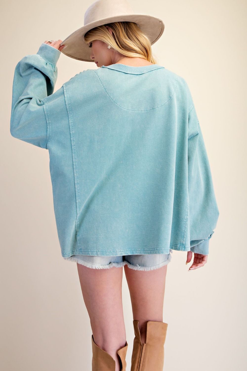 Easel Floral Patch Front Washed Terry Pullover in Dusty Blue-sweatshirt-Easel-Deja Nu Boutique, Women's Fashion Boutique in Lampasas, Texas