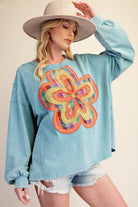 Easel Floral Patch Front Washed Terry Pullover in Dusty Blue-sweatshirt-Easel-Deja Nu Boutique, Women's Fashion Boutique in Lampasas, Texas
