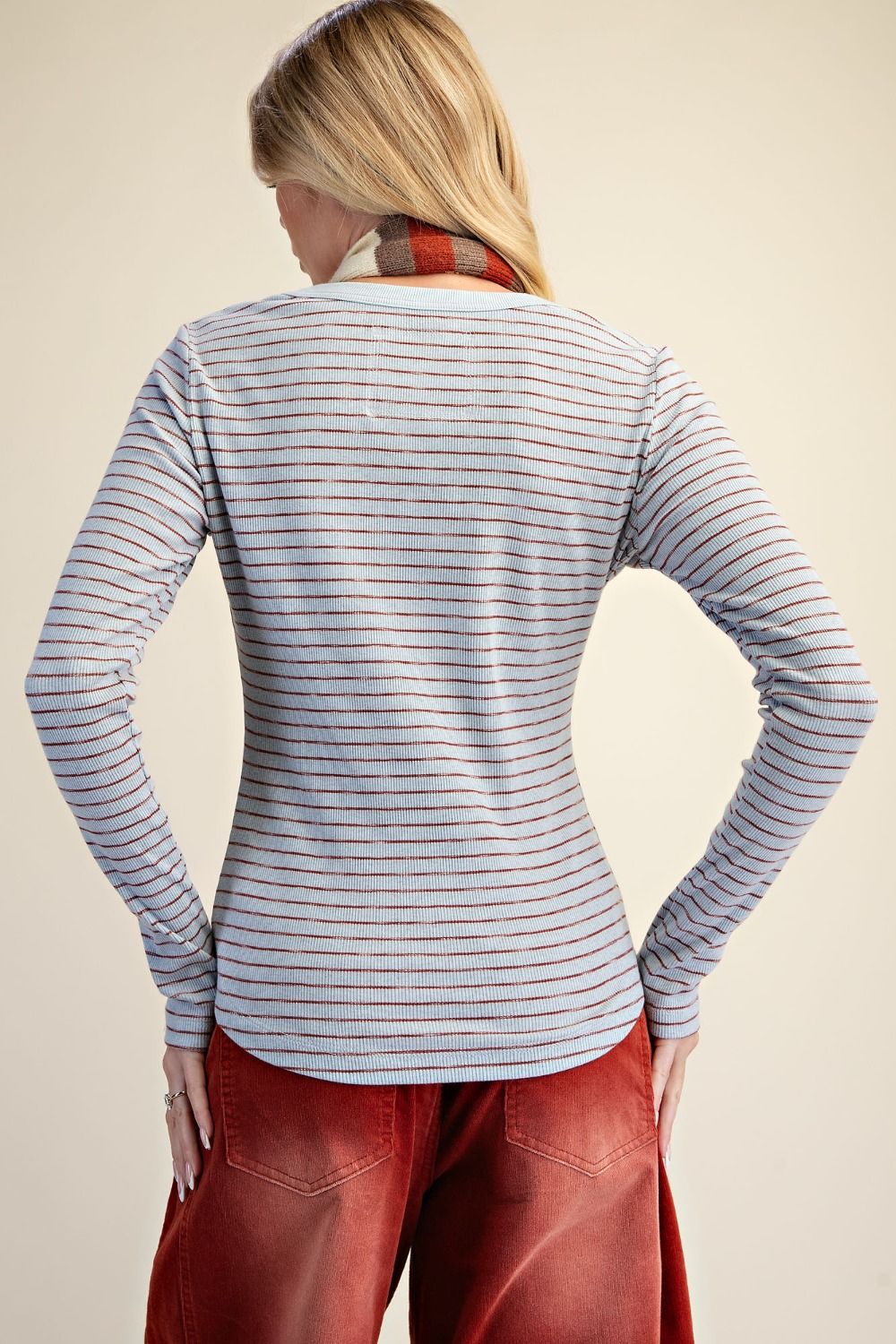 Easel Dusty Blue Stripe Rib Knit Top-Tops-Easel-Deja Nu Boutique, Women's Fashion Boutique in Lampasas, Texas